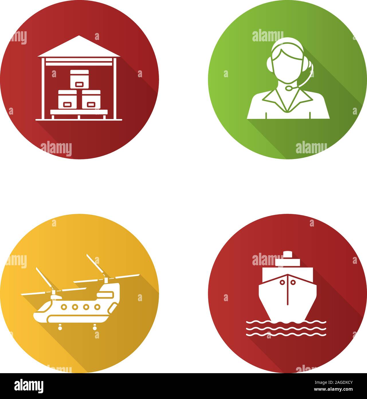 Gütertransporte flache Bauweise lange Schatten Glyphe Symbole gesetzt. Lieferservice. Lager-, Call Center- Betreiber, militärische Hubschrauber, Frachtschiff. Vektor sil Stock Vektor
