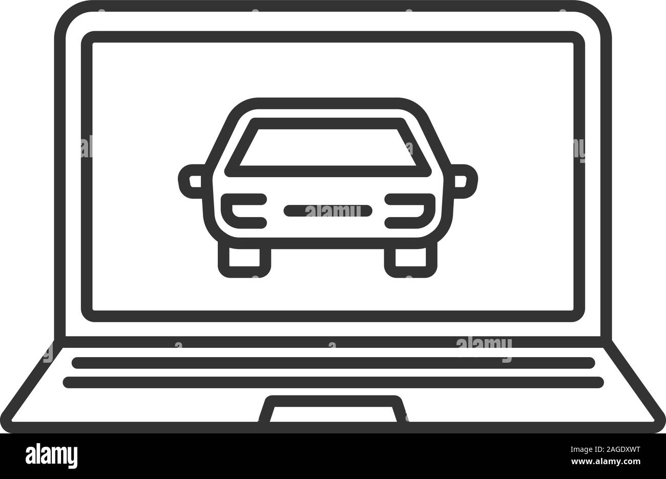 Laptop mit Auto lineare Symbol. Dünne Linie Abbildung. Taxi website. Kontur Symbol. Vektor isoliert Maßbild Stock Vektor