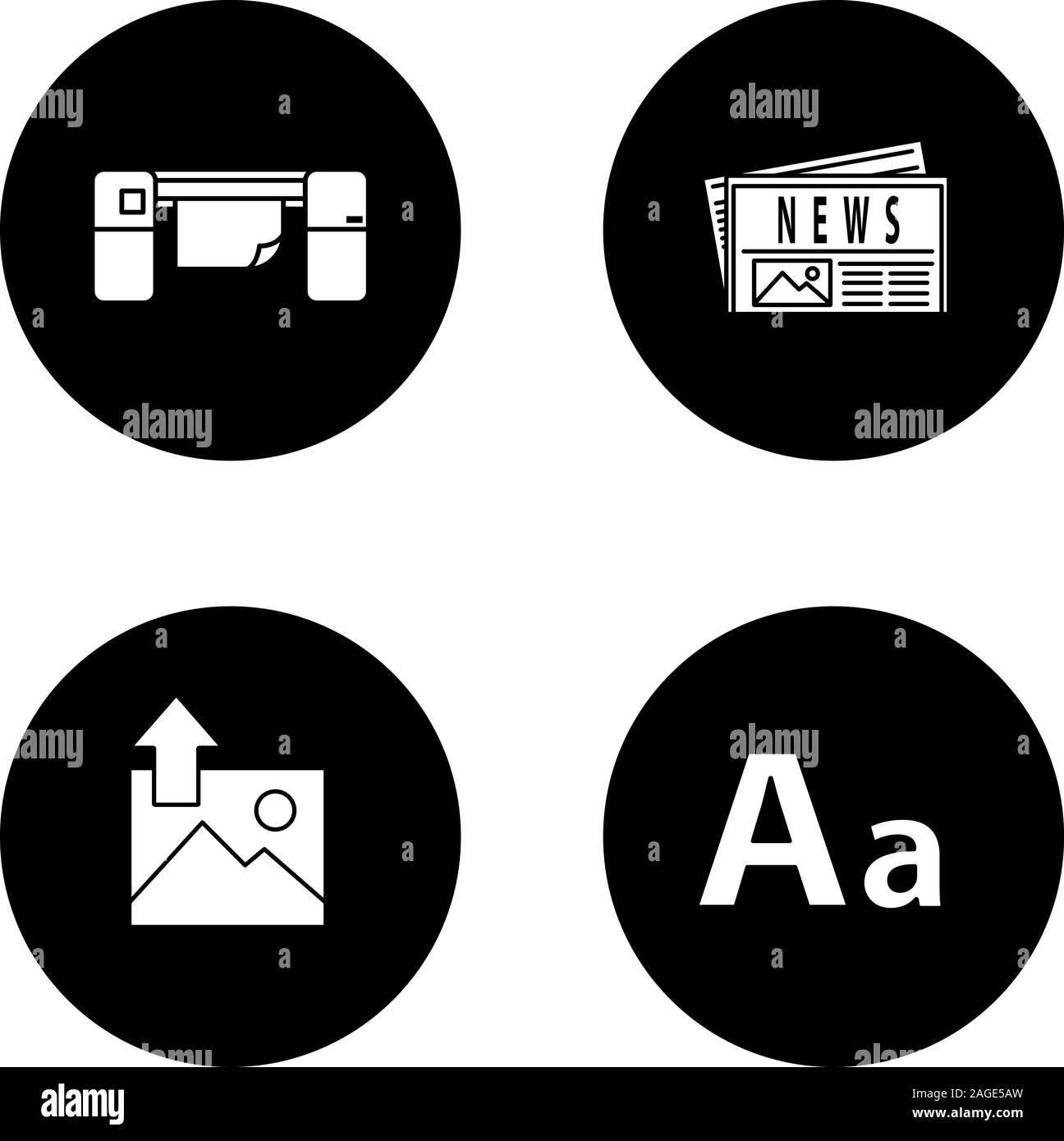 Drucken Glyphe Symbole gesetzt. Polygraphie und Typografie. Großformatdrucker, Zeitung, Bild hochladen, Font. Vektor weisse Silhouetten Abbildungen in Stock Vektor