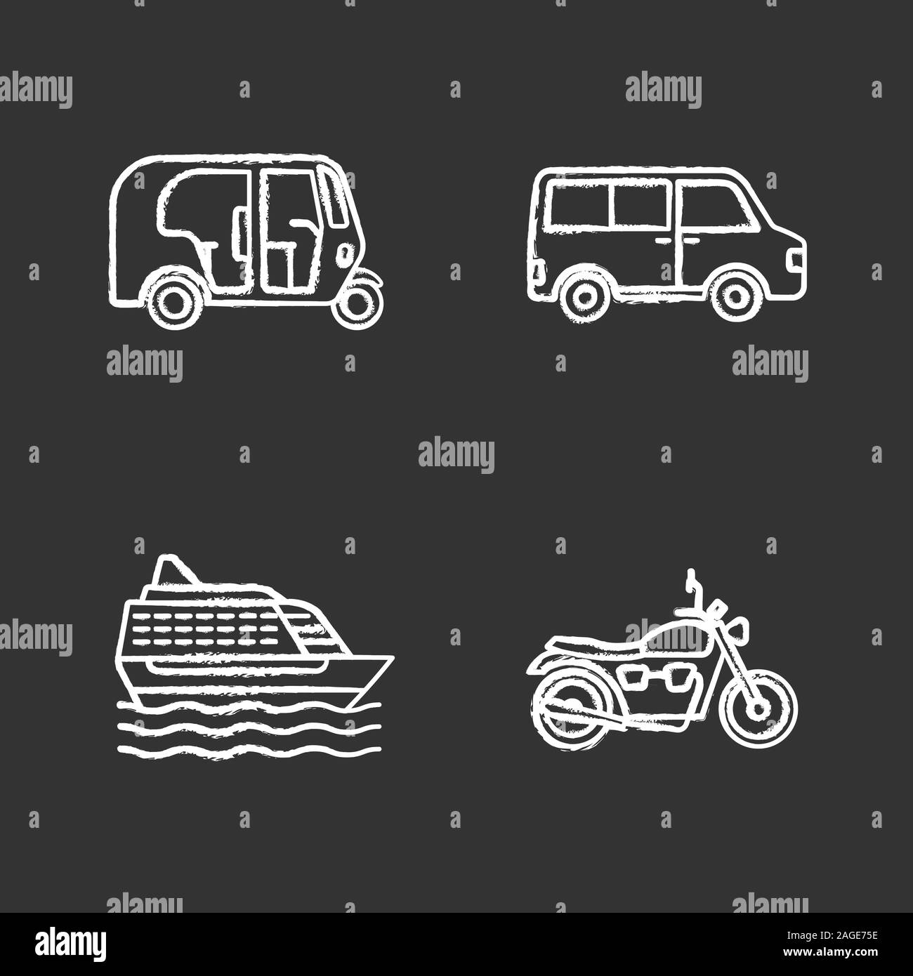 Öffentliche Verkehrsmittel chalk Symbole gesetzt. Verkehrsträger. Auto-rikscha, Minivan, Kreuzfahrtschiff, Motorrad. Isolierte vektor Tafel Abbildungen Stock Vektor