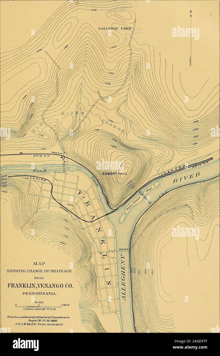 . Glaziale Bildungen und Drainage Merkmale der Erie und Ohio Becken. Iguration des alten Kanal, wie in Abb. 1 gezeigt. 6, wird die Kraft dieser Überlegungen hinzufügen. Einen Einspruch gegen die Northwestward outlet Vielleicht scheinen zu bepresented durch Ablagerungen von Kies, die entlang der Allegheny Valleybetween der niouth der Französischen Creek und der Mündung des Clarion auftreten. Inseveral Orte, notabl) an den Biegungen des Flusses in Brandon, an einem Punkt 2 Meilen unterhalb Brandon, an Kennerdell, an den Schwarzen (Winter Hill Station), ausgefertigten Emlenton gibt es Einlagen auf dem Gesicht der Schlucht Verlängerung fromnear die Flüsse Stockfoto