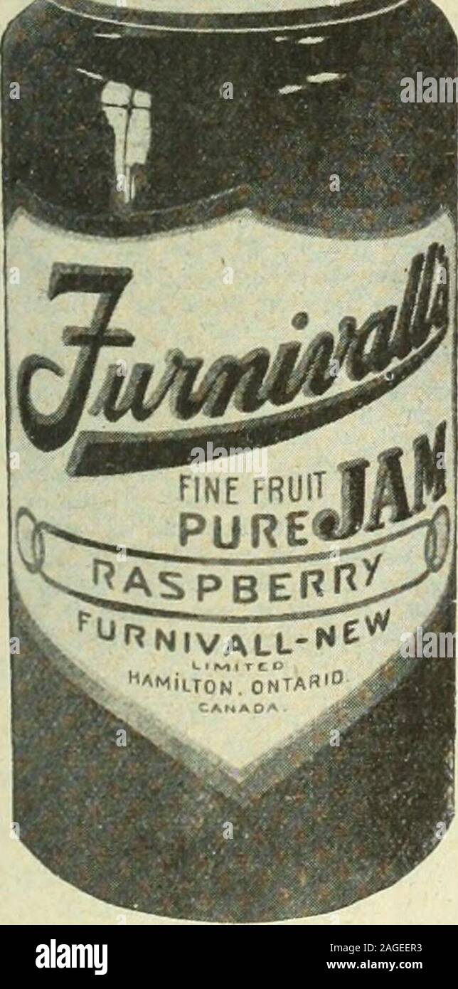 . Kanadische Lebensmittelhändler Januar-März 1919. I^n Rein und Ooatali ** 2 FurnivallQuality eine Qualität, die anzieht und die Yourcustomers halten. Unsere Konfitüren und Mar-malades sind madefrom fünf ausgewählten sonnenverwöhnten Früchten und purecane Zucker. Ihr grosshändler cansupply sie. FURNIVALL - NEUE, begrenzte Hamilton, Kanada Kanada Essen Vorstand LicenseNo. 14-167: - Ontario - MacLaren Imperial Käse Co., Ltd., Toronto. H. J. Sykes, 736 Elgin Street, Ottawa, Ontario Montreal - George Hodge & Söhne, Ltd., St. John, NB - MacLaren Imperial Käse Co. Hali - Fax, N. S. - MacLaren Imperial Käse Co Sydney, N. S.-A. E. Sheppard. Schinken Stockfoto