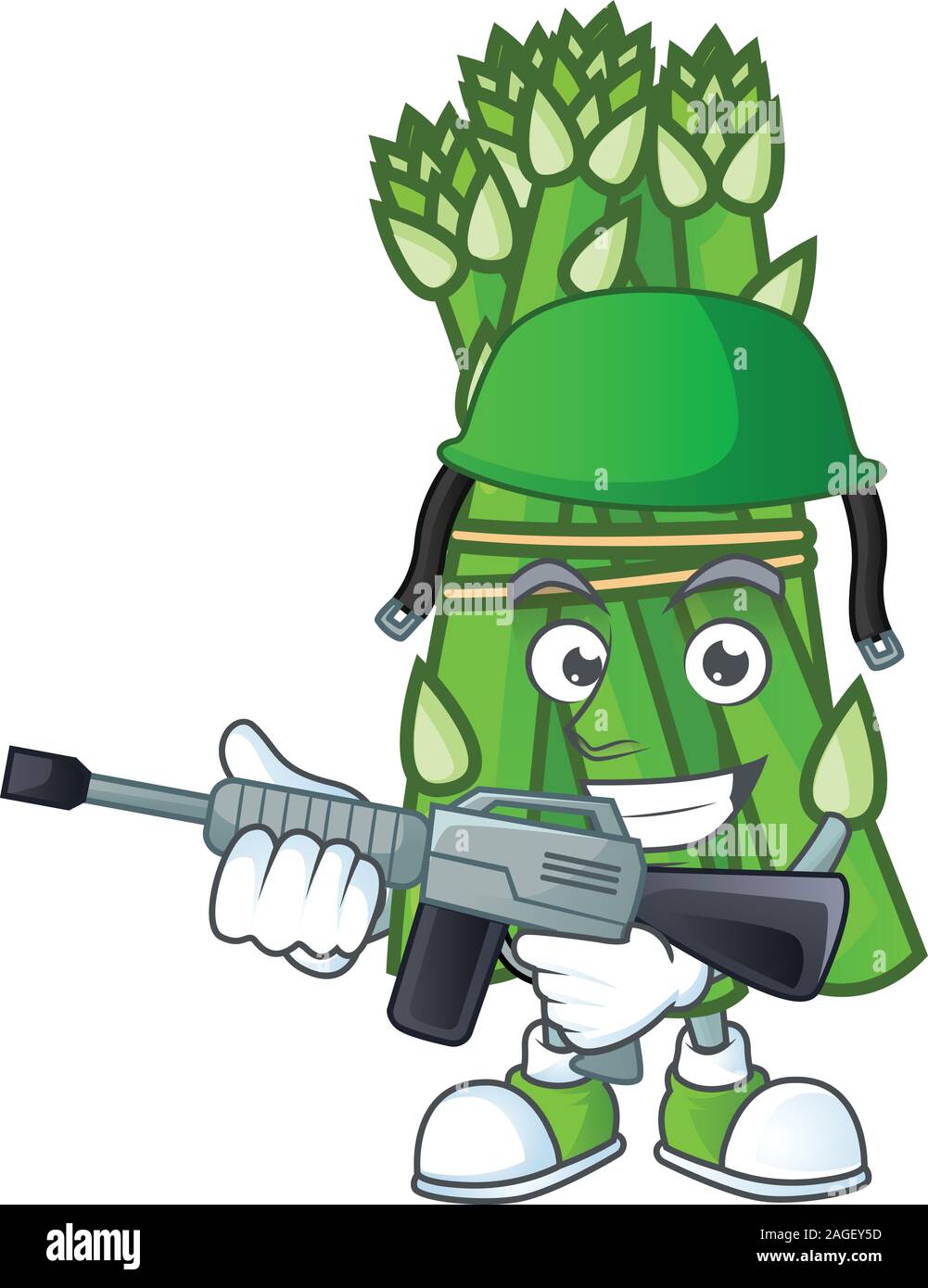 Ein Maskottchen der Spargel als eine Armee mit Maschinengewehr Stock Vektor