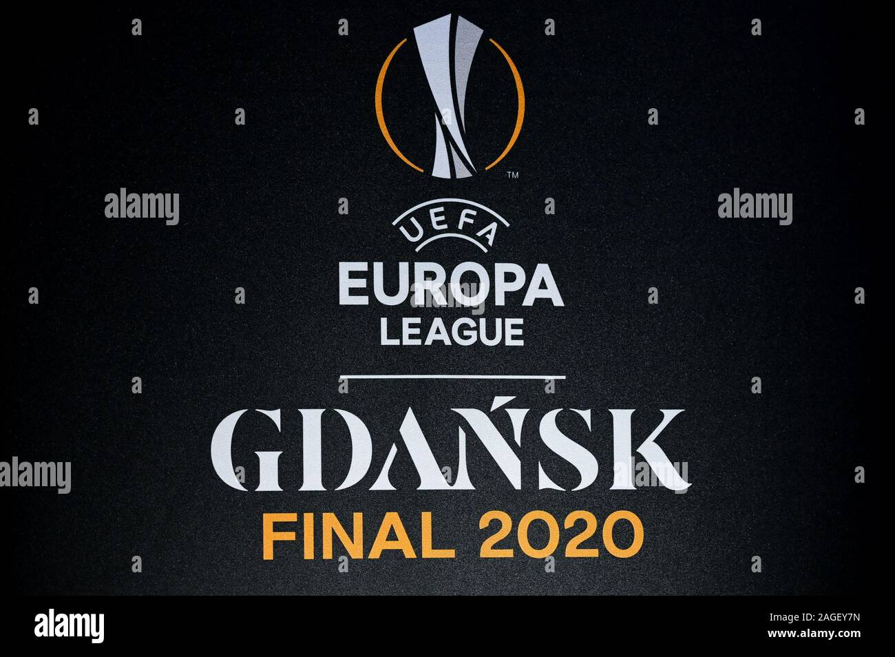 Danzig, Polen. 18 Dez, 2019. UEFA Europa League Finale 2020 Danzig logo. Die 2020 UEFA Europa League Finale im Finale der UEFA Europa League 2019-20, die 49. Saison der Europäischen sekundären Verein Fußball-Turnier von der UEFA organisiert werden, und die 11. Saison, da es von den UEFA-Pokal der UEFA Europa League umbenannt wurde. Es wird im Stadion Energa Danzig in Danzig, Polen am 27. Mai 2020 gespielt werden. Credit: SOPA Images Limited/Alamy leben Nachrichten Stockfoto