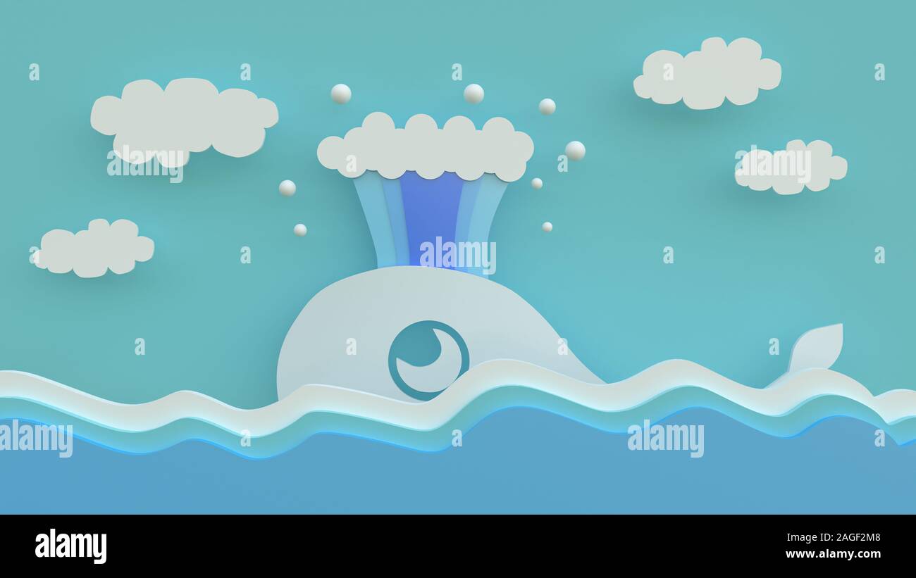 3D-Rendering, 3d-Illustrator, der Wale schwimmen auf der Wasseroberfläche auf einer hellen blauen Tag mit weißen Wolken Stockfoto