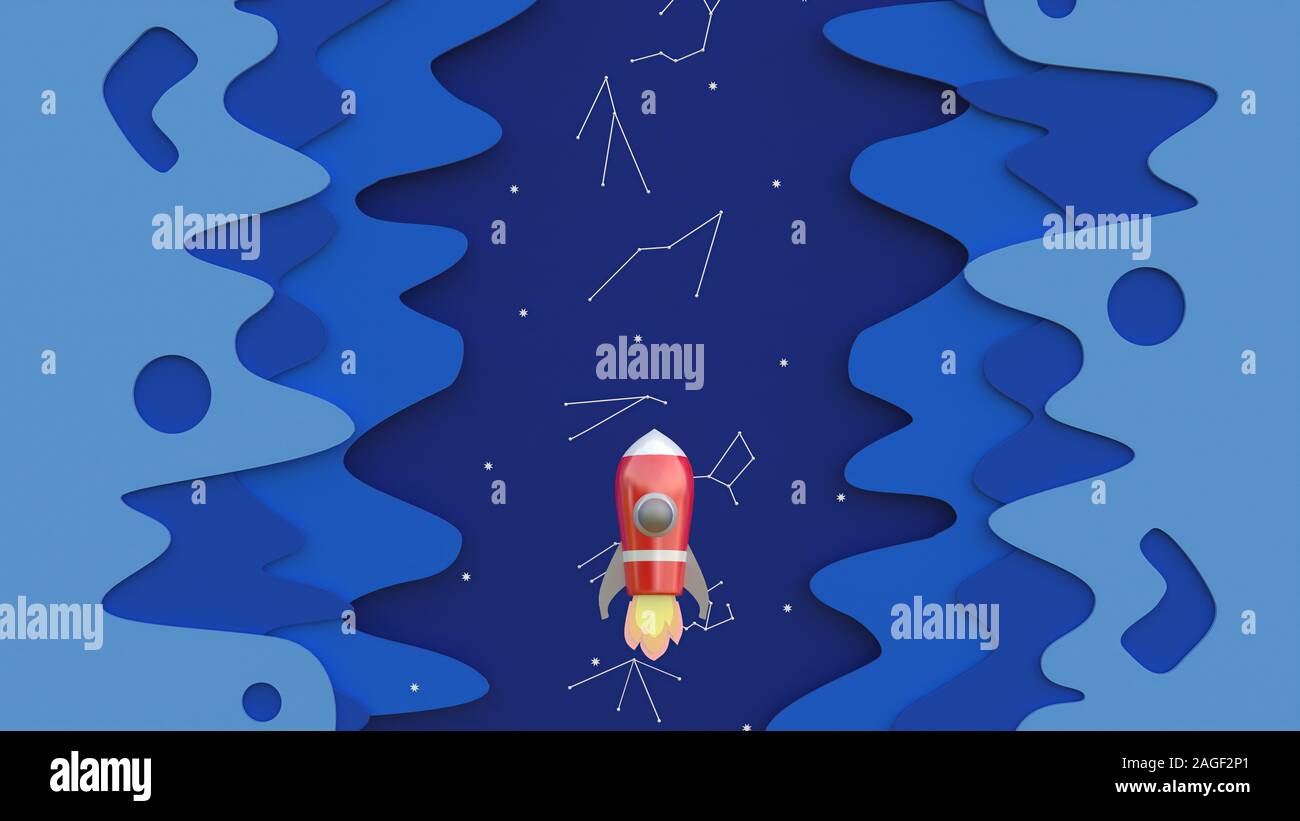 3D-Rendering, 3d-Illustrator, Cartoon rot Raumschiff steigen in den Himmel durch die Nacht Himmel Stockfoto