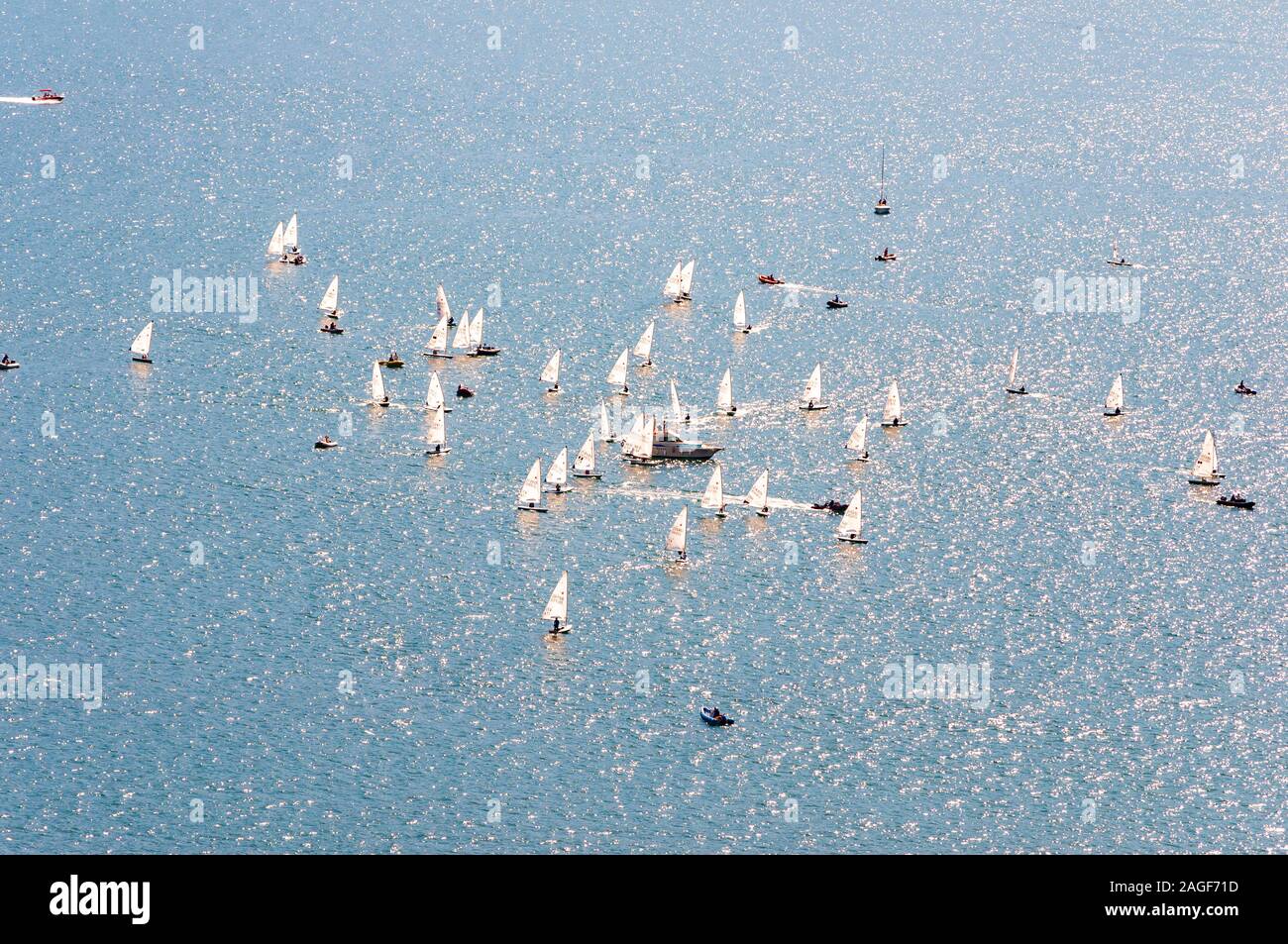 Gardasee, Lombardei, Italien - 12 September 2019: Blick von oben auf das Segeln Ausbildung. Viele Segelboote Praxis auf das blaue Wasser des Sees. Gruppe o Stockfoto