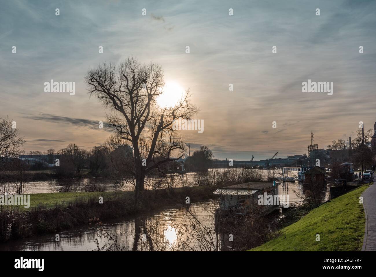 Die Einstellung Winter Sonne über den Main in der Nähe von Frankfurt Hoechst Deutschland Stockfoto