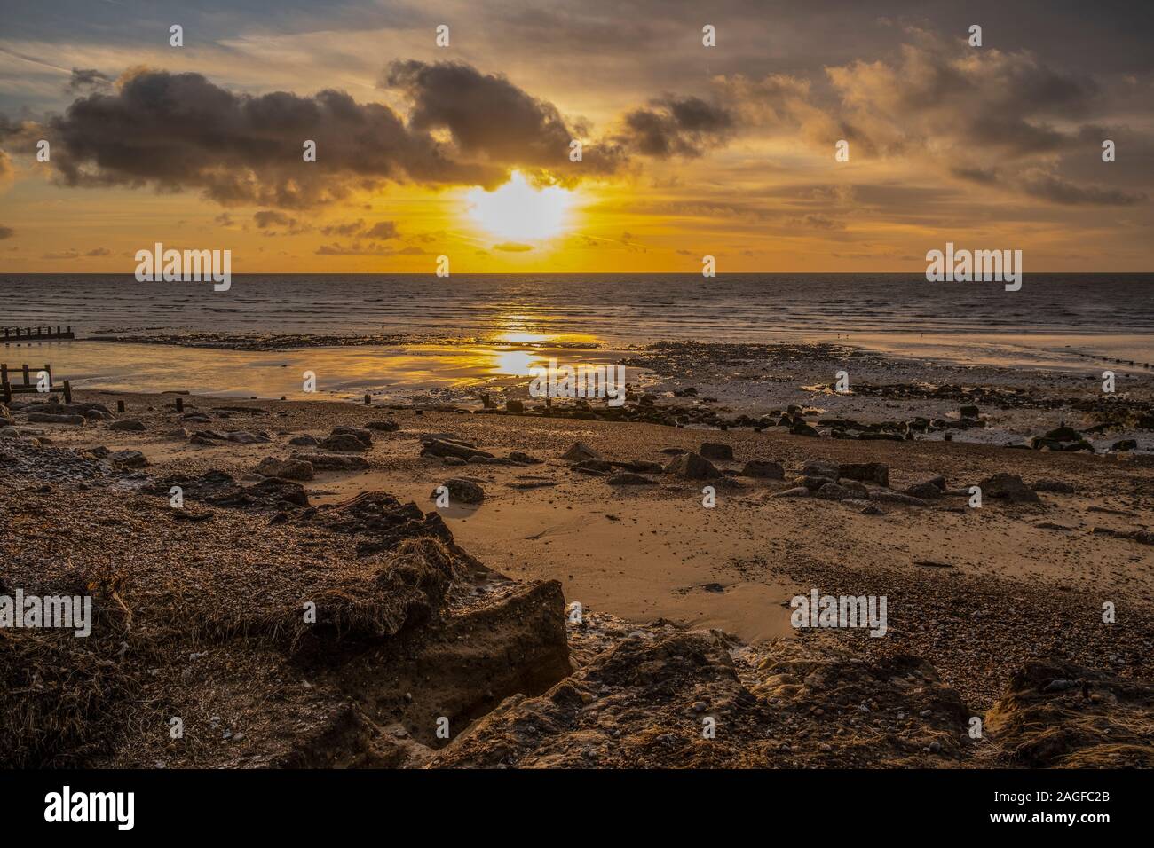 Sturm verwüsteten Strand climping uk Stockfoto
