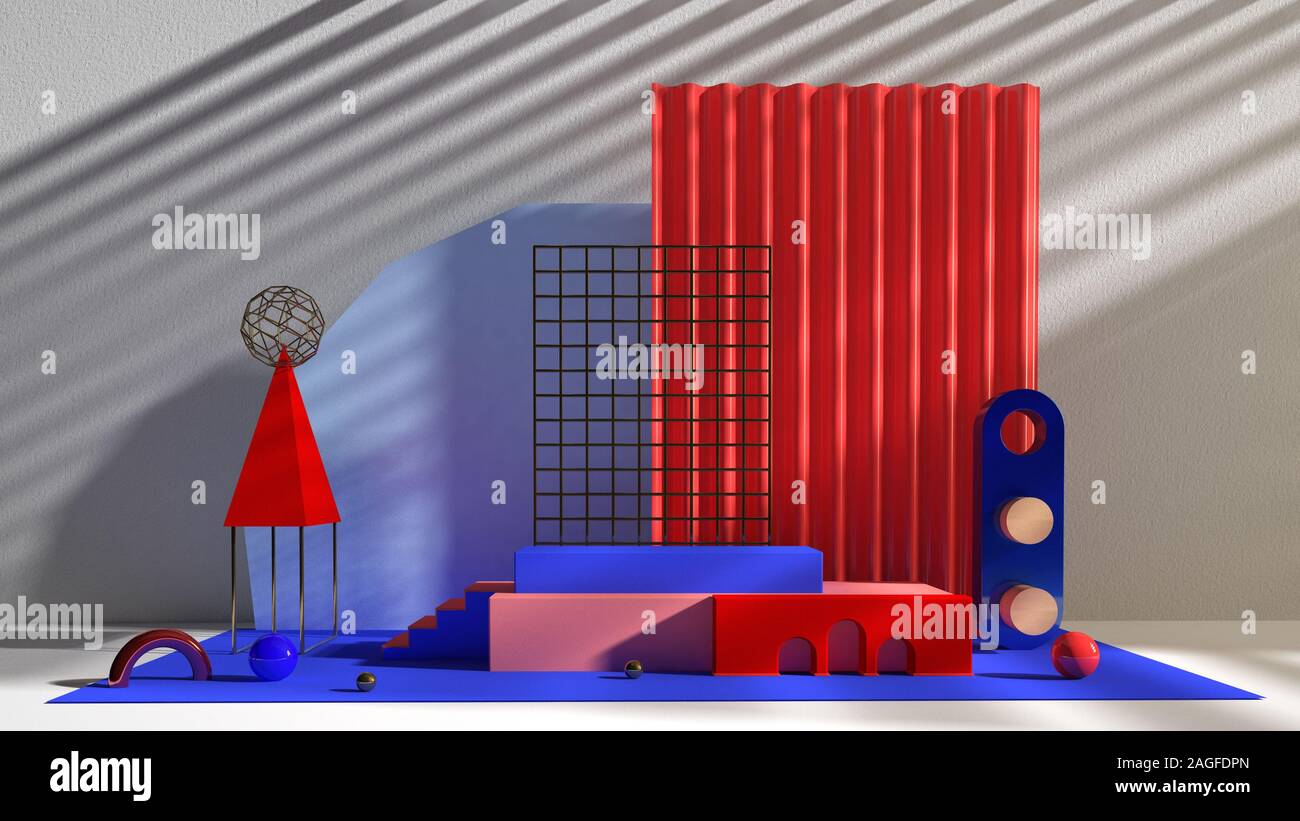 Zusammenfassung Hintergrund für produkt design Präsentation mock up. Treppen, Kugeln und primitive Elemente in Blau, Rot und Pink und Metallic Gold Farben. 3d Stockfoto