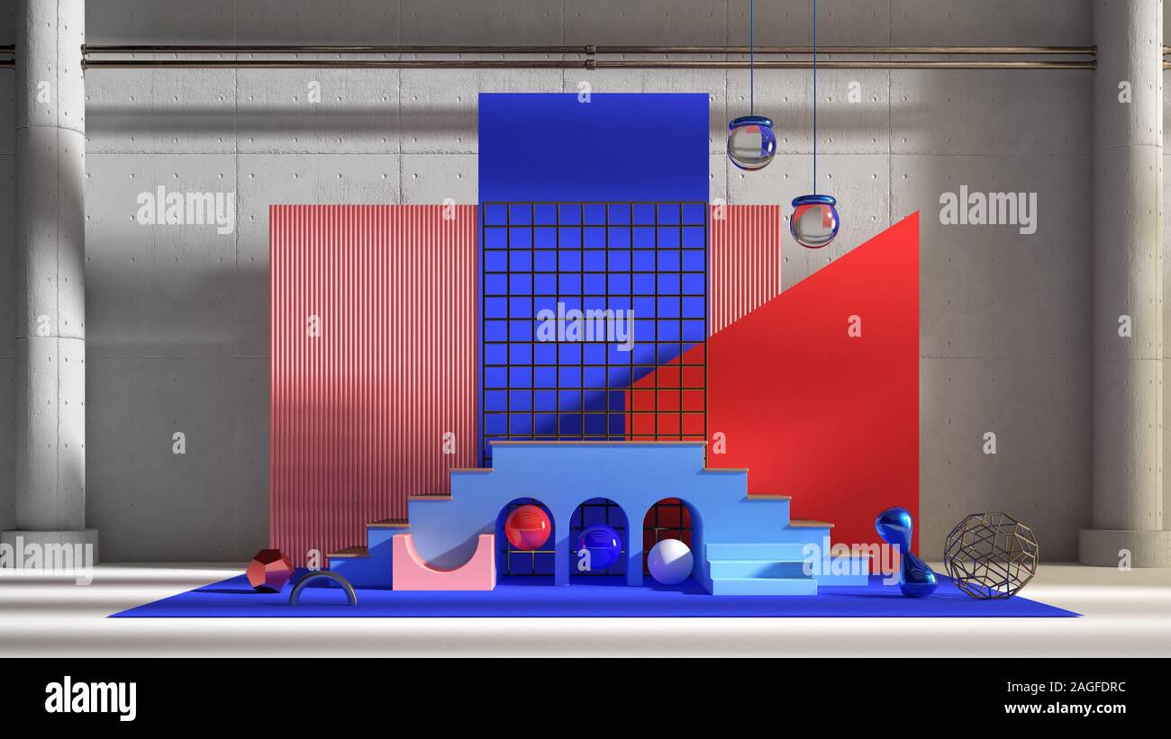 Abstrakte Szene für produkt design Präsentation mock up. Treppen, Kugeln und primitive Elemente in Blau, Rot und Pink und Metallic Gold Farben. 3d-rend Stockfoto
