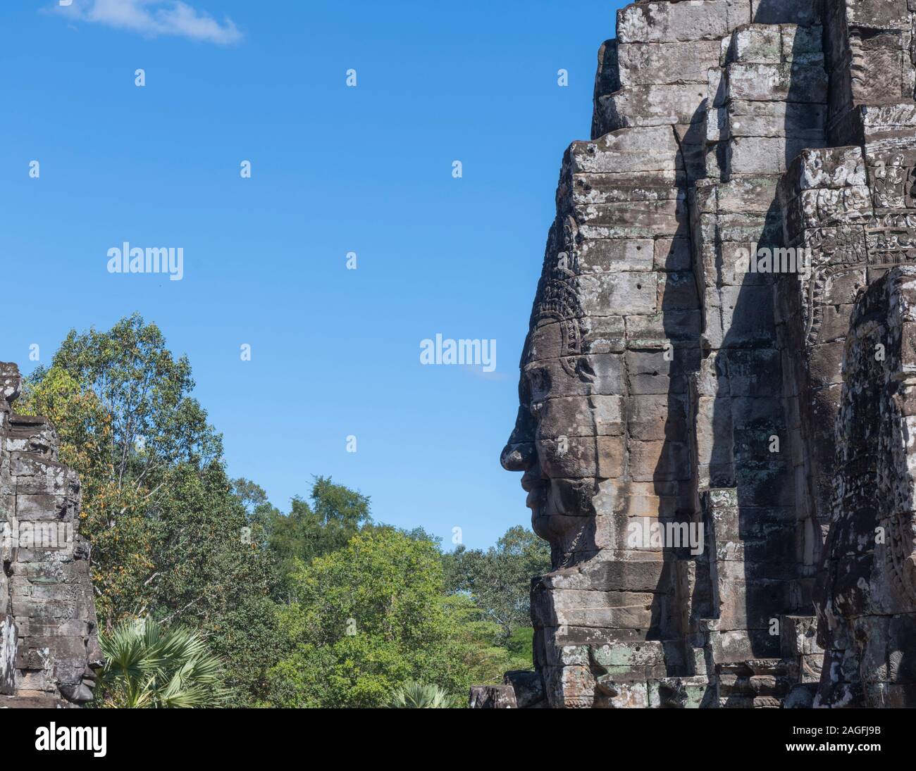 Bayon Tempel Buddha Statuen und Schnitzereien Angkor Thom komplexe Siem Reap Kambodscha Stockfoto