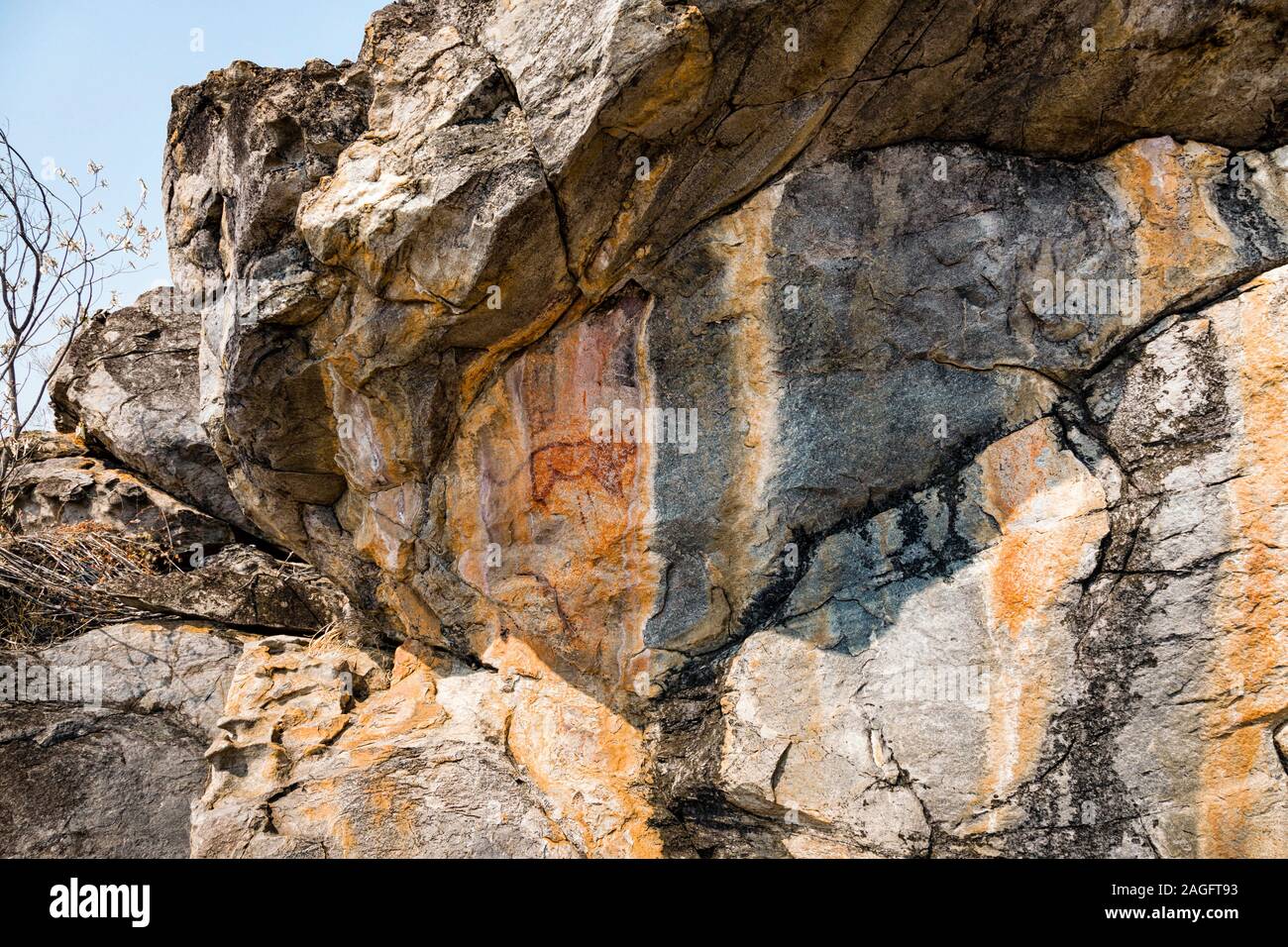 Tsodilo-Hügel, Felsgemälde des Löwen, Louvre der Wüste, isolierte Hügel in der kalahari-Wüste, Botsuana, Südafrika, Afrika Stockfoto