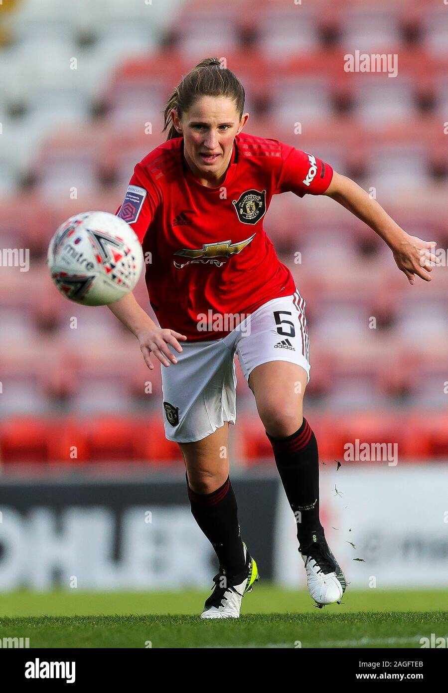 Abbie McManus von Manchester United während des Spiels der FA Women's Super League im Leigh Sports Village Stadium, Manchester. PA-Foto. Bilddatum: Sonntag, 8. Dezember 2019. Siehe PA Geschichte FUSSBALL man Utd Frauen. Bildnachweis sollte lauten: Barry Coombs/PA Wire. EINSCHRÄNKUNGEN: Keine Verwendung mit nicht autorisierten Audio-, Video-, Daten-, Fixture-Listen, Club-/Liga-Logos oder „Live“-Diensten. Online-in-Match-Nutzung auf 120 Bilder beschränkt, keine Videoemulation. Keine Verwendung in Wetten, Spielen oder Veröffentlichungen für einzelne Vereine/Vereine/Vereine/Spieler. Stockfoto