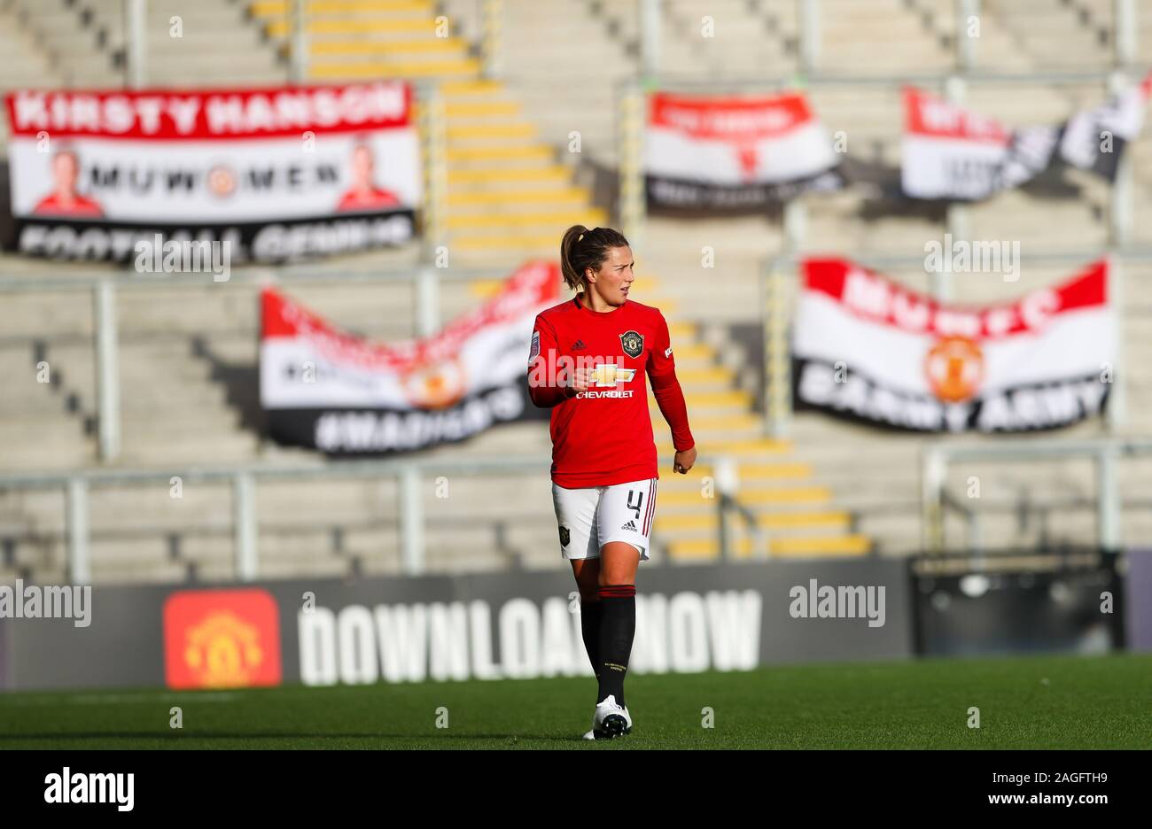 Amy Turner von Manchester United während des Spiels der FA Women's Super League im Leigh Sports Village Stadium, Manchester. PA-Foto. Bilddatum: Sonntag, 8. Dezember 2019. Siehe PA Geschichte FUSSBALL man Utd Frauen. Bildnachweis sollte lauten: Barry Coombs/PA Wire. EINSCHRÄNKUNGEN: Keine Verwendung mit nicht autorisierten Audio-, Video-, Daten-, Fixture-Listen, Club-/Liga-Logos oder „Live“-Diensten. Online-in-Match-Nutzung auf 120 Bilder beschränkt, keine Videoemulation. Keine Verwendung in Wetten, Spielen oder Veröffentlichungen für einzelne Vereine/Vereine/Vereine/Spieler. Stockfoto