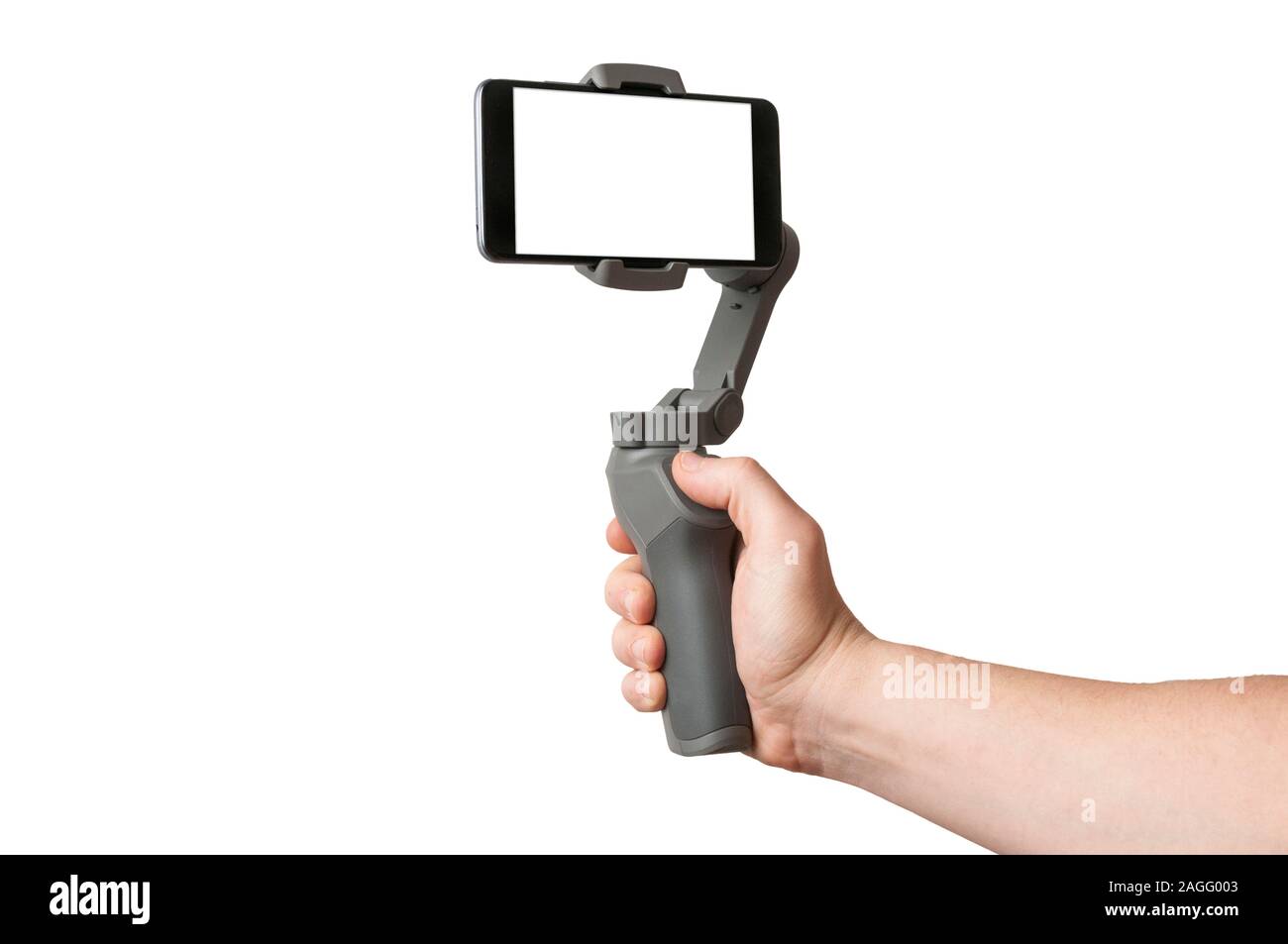 Man Filmen mit einem leeren Bildschirm mit einem Gimbal Stabilisator Smartphone auf weißem Hintergrund Stockfoto