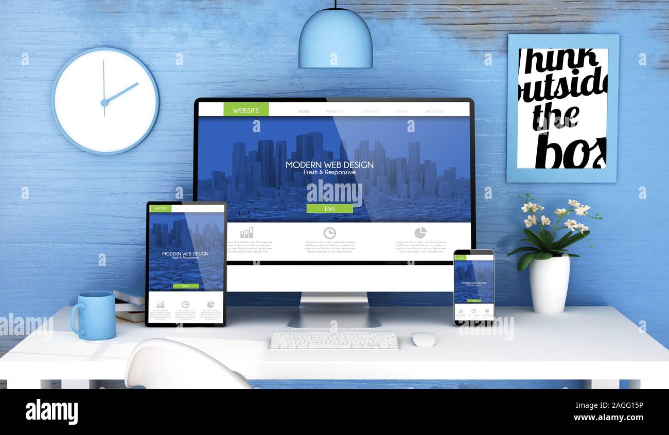 Blau Studio mit reaktionsschnellen moderne Web Design auf Mock up Geräte 3D-Rendering Stockfoto