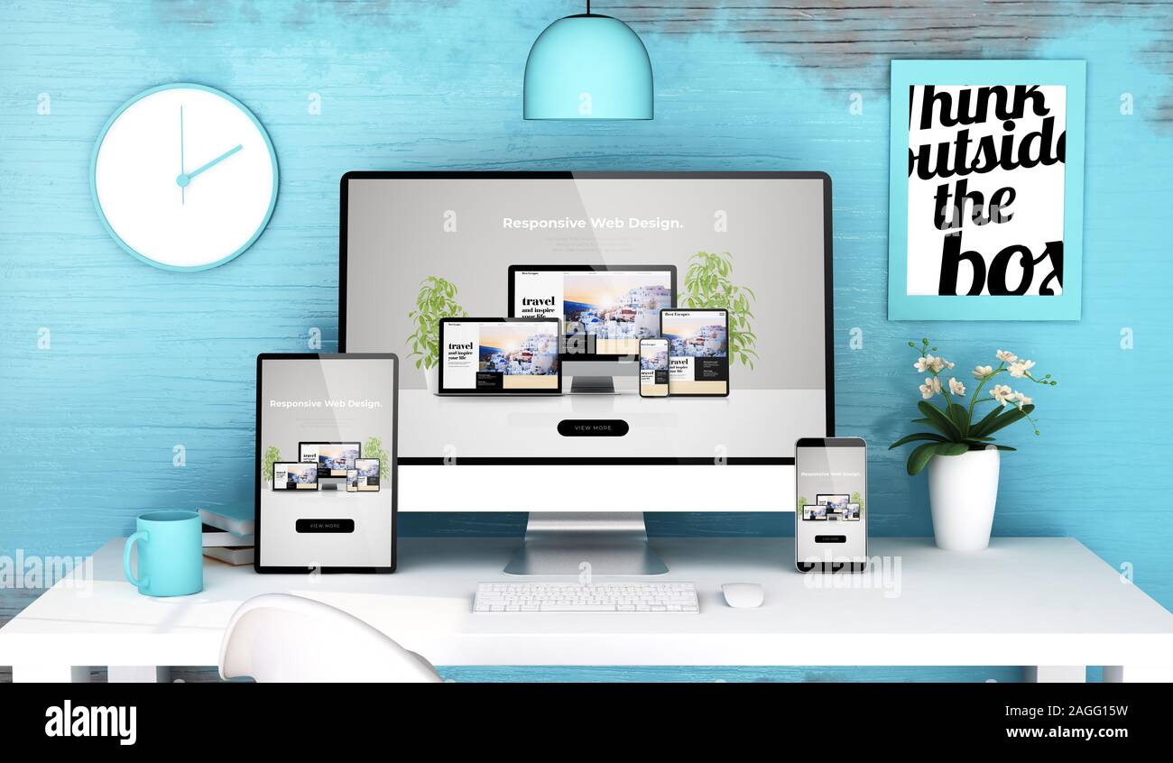 Blau Studio mit reaktionsschnellen web design auf Mock up Geräte 3D-Rendering Stockfoto