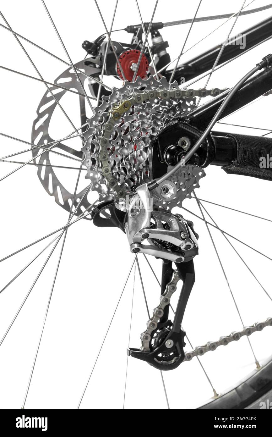 Mountainbike Hinterrad Detail auf weiem Hintergrund Stockfotografie - Alamy