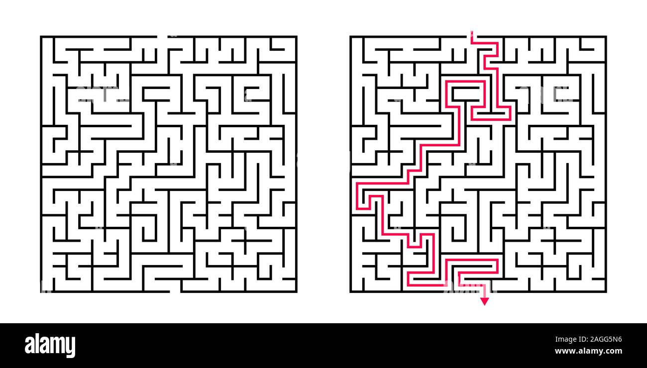 Vektor Square Labyrinth - Labyrinth mit inbegriffen Lösung in Schwarz und Rot. Lustige pädagogische Mind Spiel für Koordination, Problemlösung, Entscheidungsfindung Stock Vektor