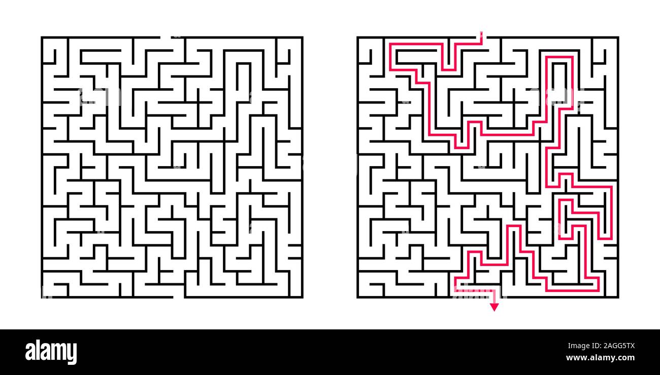 Vektor Square Labyrinth - Labyrinth mit inbegriffen Lösung in Schwarz und Rot. Lustige pädagogische Mind Spiel für Koordination, Problemlösung, Entscheidungsfindung Stock Vektor