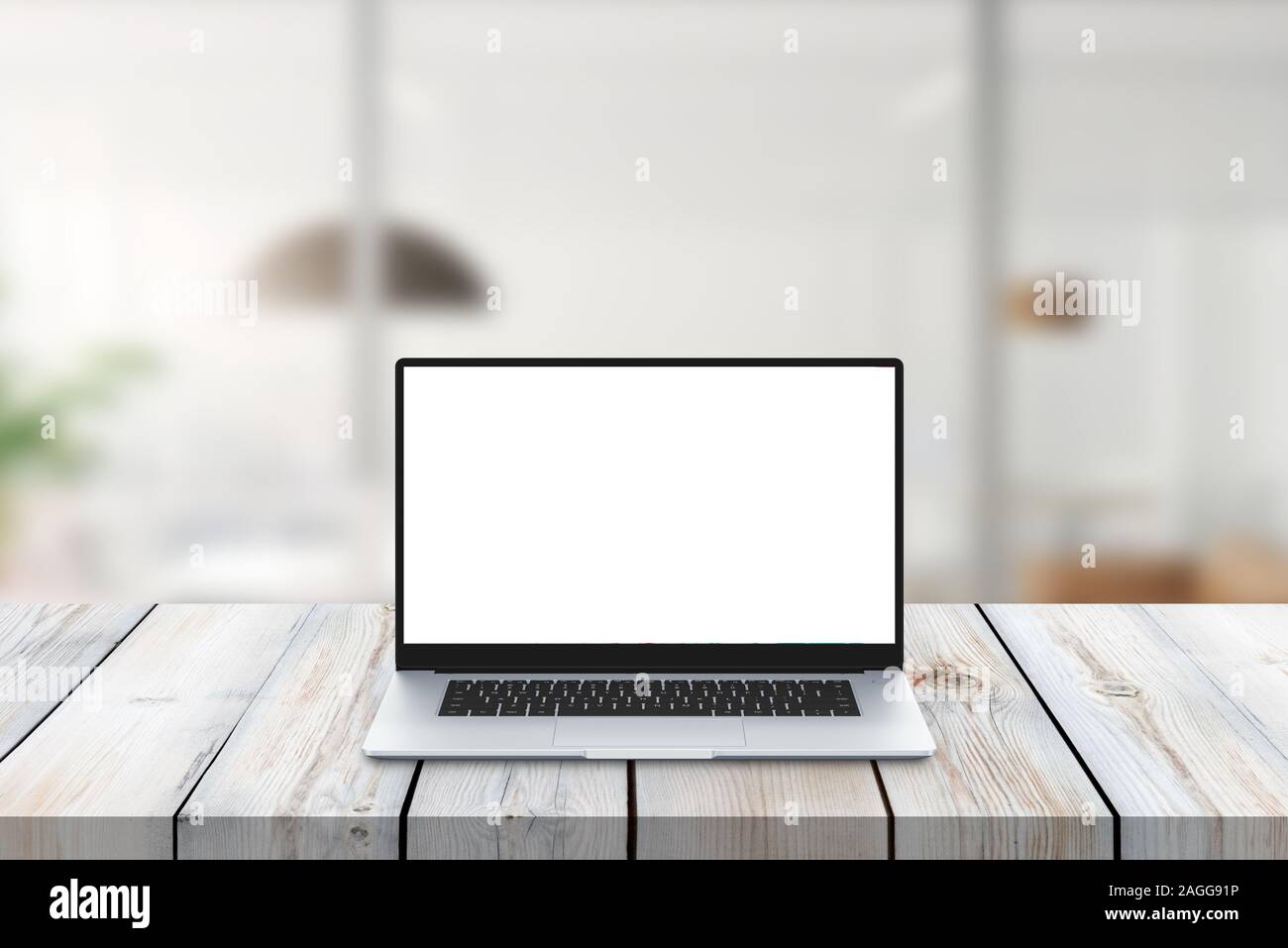 Moderne Laptop auf dem Schreibtisch mockup. Isolierte Bildschirm für App oder Web site Förderung Stockfoto