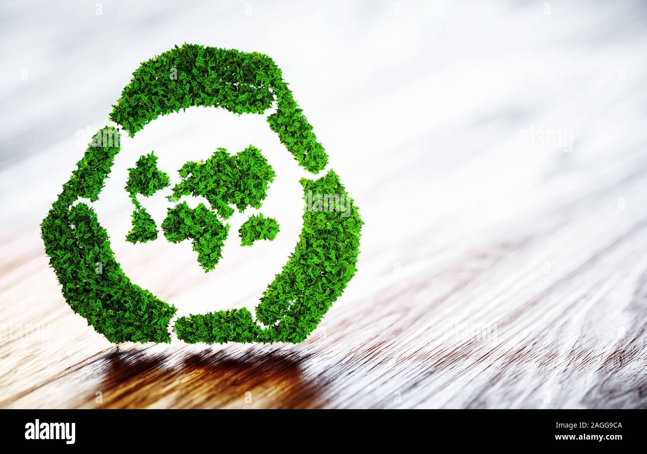 Grüne Welt nachhaltige Entwicklung Symbol auf dem Schreibtisch aus Holz. 3D-Darstellung. Stockfoto