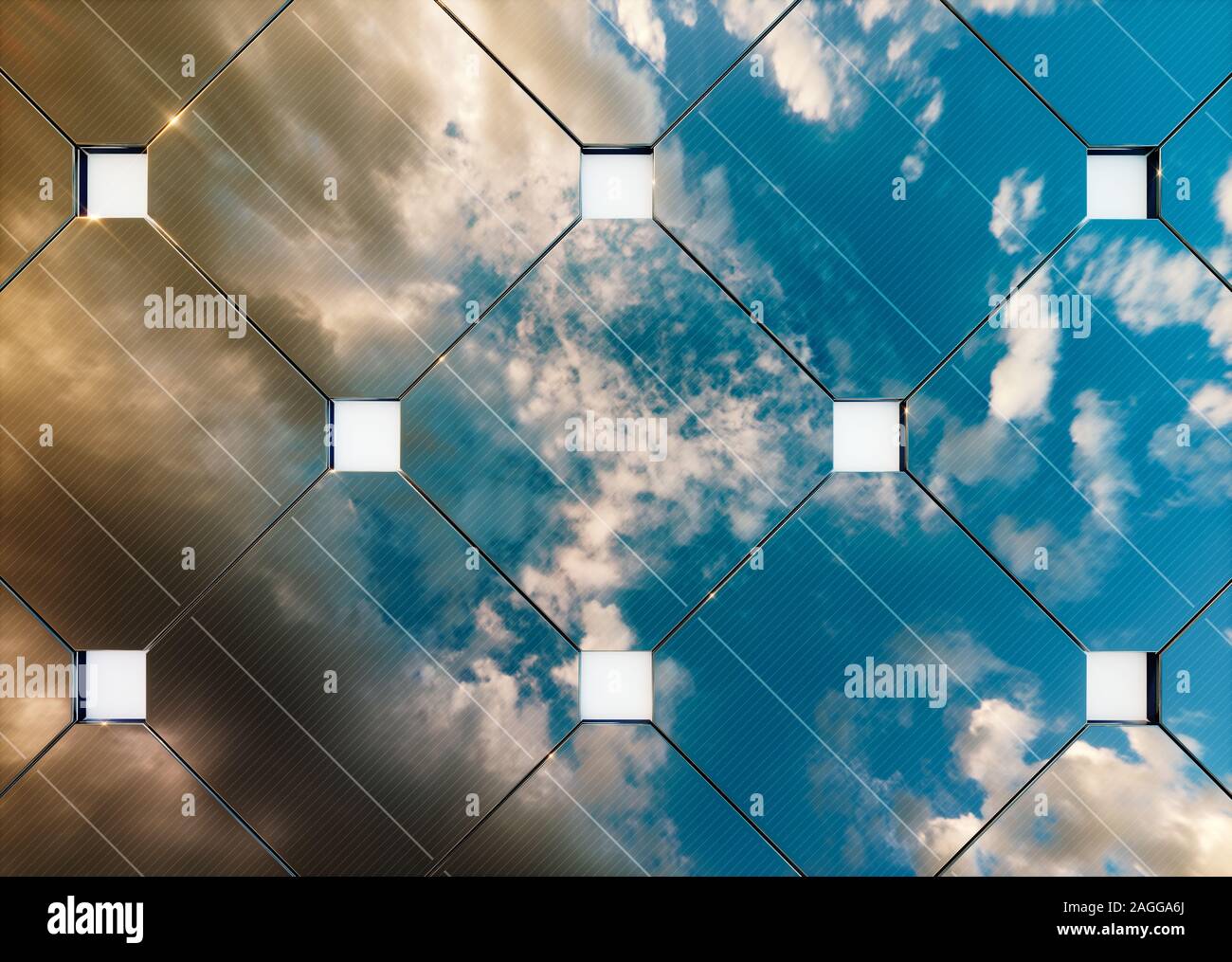 Solarenergiekonzept. Blaue Spiegelung des Himmels auf der Fotovoltaikanlage. Stockfoto