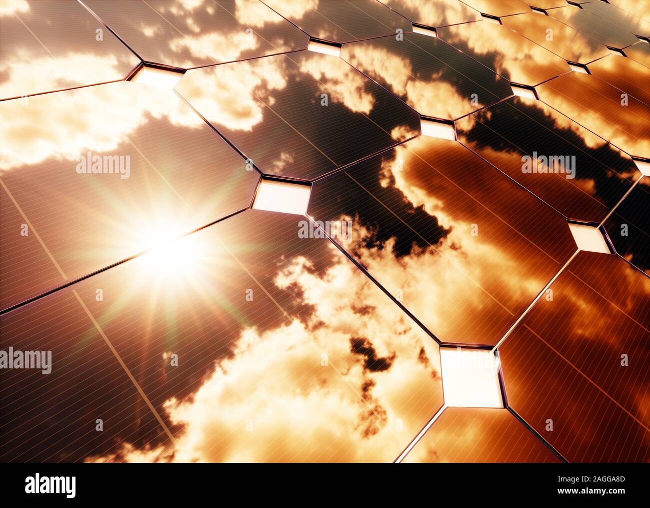 Solar Energie Konzept Warm sky Reflexion über Photovoltaikanlage. 3D-Rendering. Stockfoto