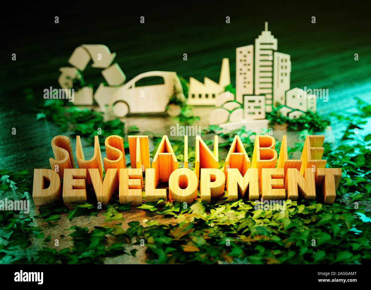 Nachhaltige Entwicklung Konzept auf grünem Hintergrund mit Ökologie Symbole im Hintergrund. 3D-Rendering. Stockfoto