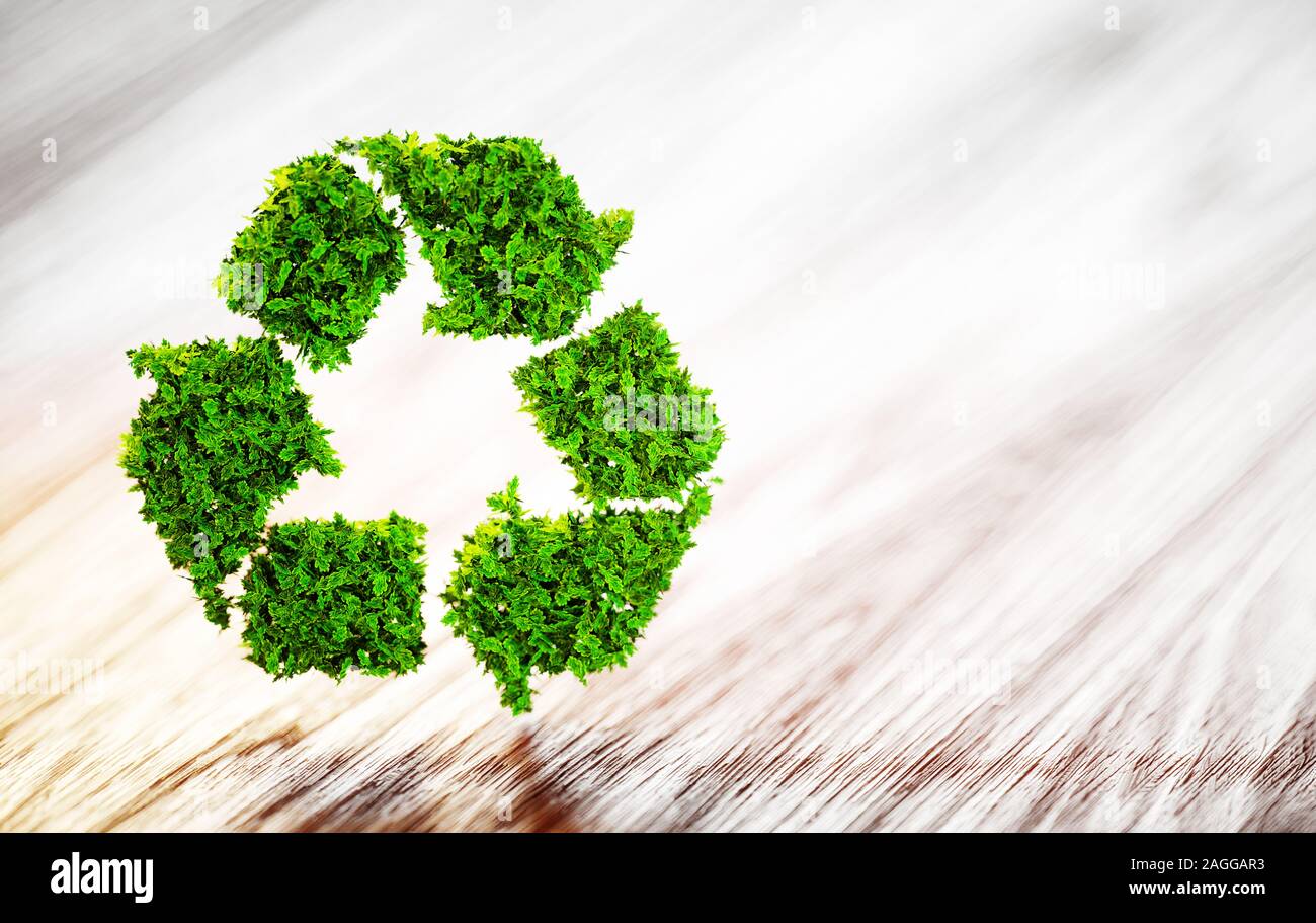 Frisch grün Blatt recycling Symbol auf dem Schreibtisch aus Holz mit unscharfem Hintergrund. 3D-Darstellung. Stockfoto