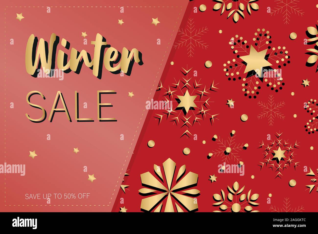 Neues Jahr Verkauf Angebot. Banner mit Gold, goldene Folie Sternen und Schneeflocken auf roten Hintergrund. Rabatt bis zu 50% Rabatt. Vector Illustration. Winter Stock Vektor