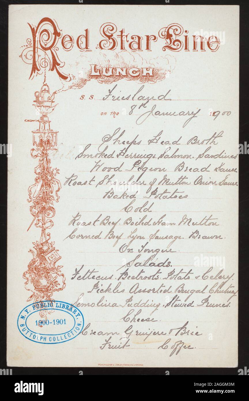 Handschriftliche; ABBILDUNG IN ROT VON GARLAND KOCHUTENSILIEN 1900-0070; Mittagessen [von] RED STAR LINE[at]EN ROUTE AN BORD DER SS FRIESLAND (SS statt;) Stockfoto