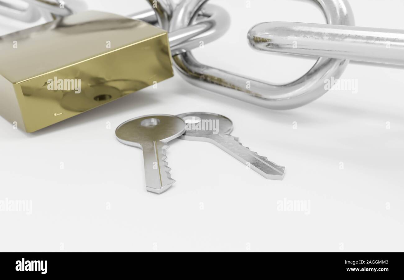 Zwei kleine Schlüssel mit Metallkette und Schloss isoliert auf weißem Hintergrund 3d-Rendering-Abbildung Stockfoto