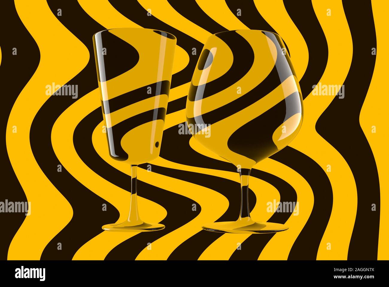 Paar leere Weingläser und Wein auf dem abisolierten Hintergrund. 3D-Darstellung. Stockfoto