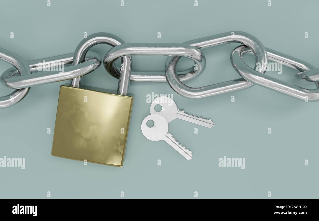 Zwei kleine Schlüssel mit Metallkette und Schloss isoliert auf mintgrünen Hintergrund 3d Rendering Illustration Stockfoto