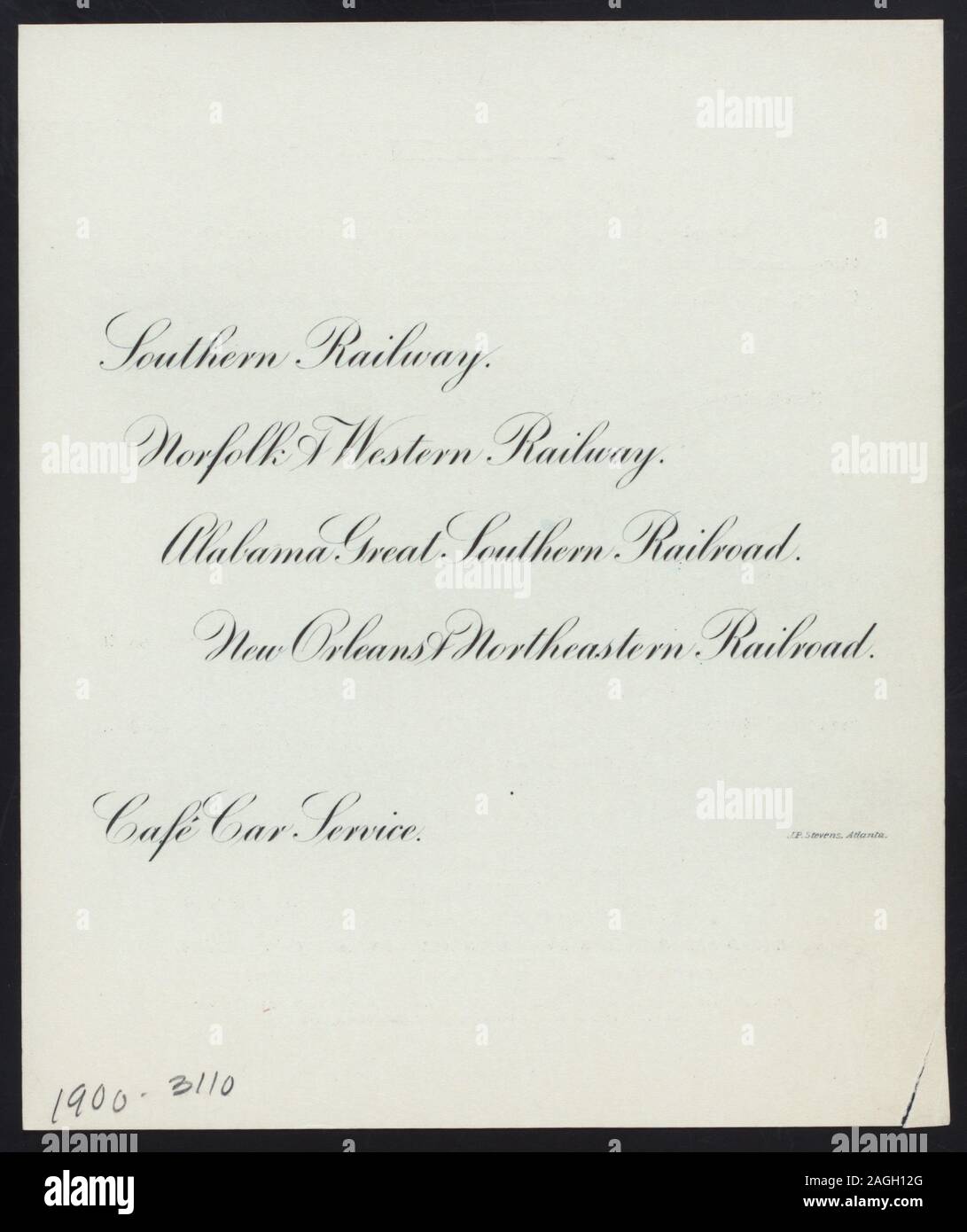 Datum: Mai 1900 HANDSCHRIFTLICHE [FEB?];;;;;;;; Mittagessen; [von] Southern Railway gehalten; NORFOLK & Western Railway; ALABAMA GREAT SOUTHERN 3 RAILW AY; NEW ORLEANS & NORDÖSTLICHEN RAILROAD;[at]CAFE AUTO; (RR;) Stockfoto