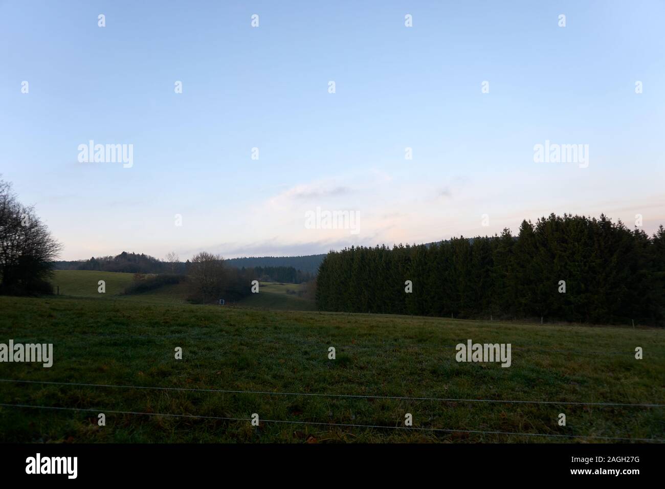 Landschaft der Eifel Deutschland mit Nebel am Abend. Stockfoto