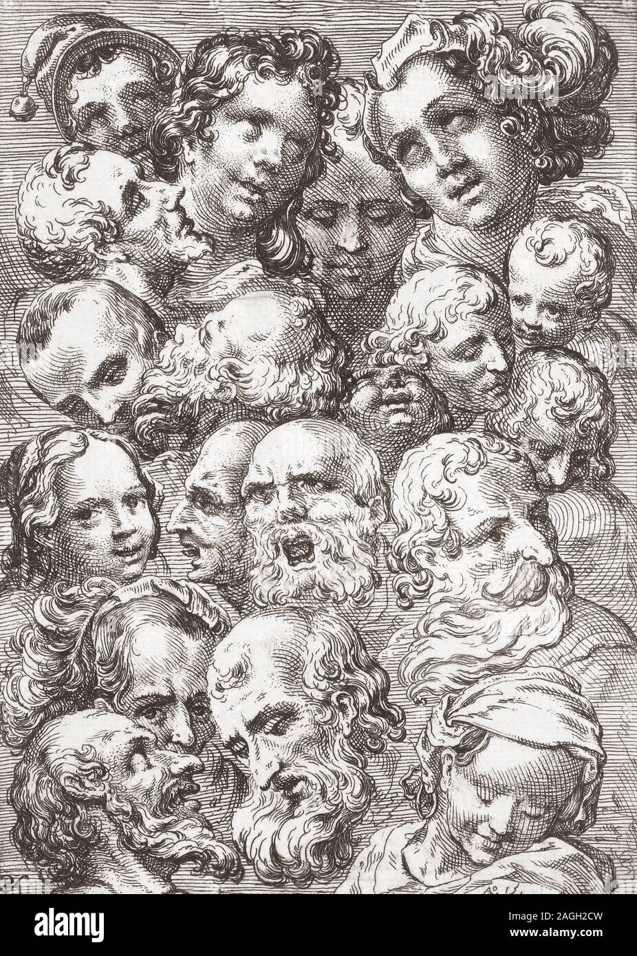 Eine Studie von 19 Staats- und Regierungschefs von Männern, Frauen und Kindern. Nach einem 17. Jahrhundert Drucken des holländischen Malers Pieter van Feddes Harlingen, 1586 - 1623. Stockfoto