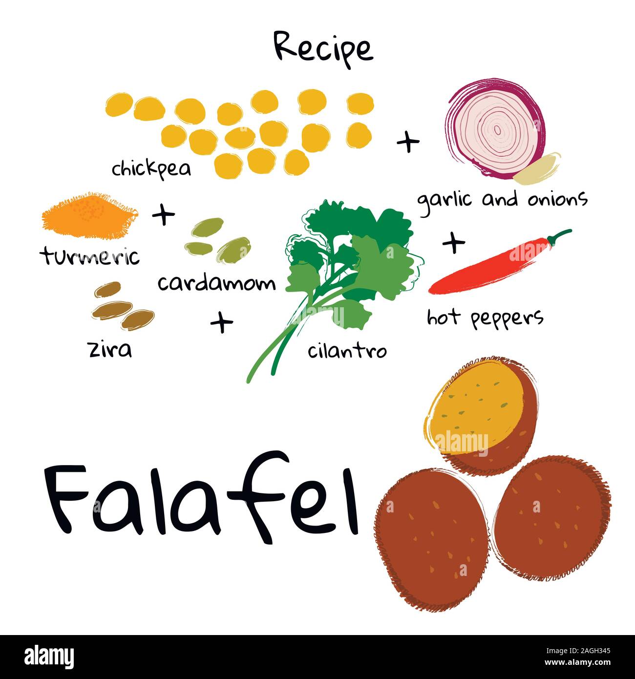 Vector Illustration essen Falafel und Zutaten auf weißem Hintergrund Stock Vektor