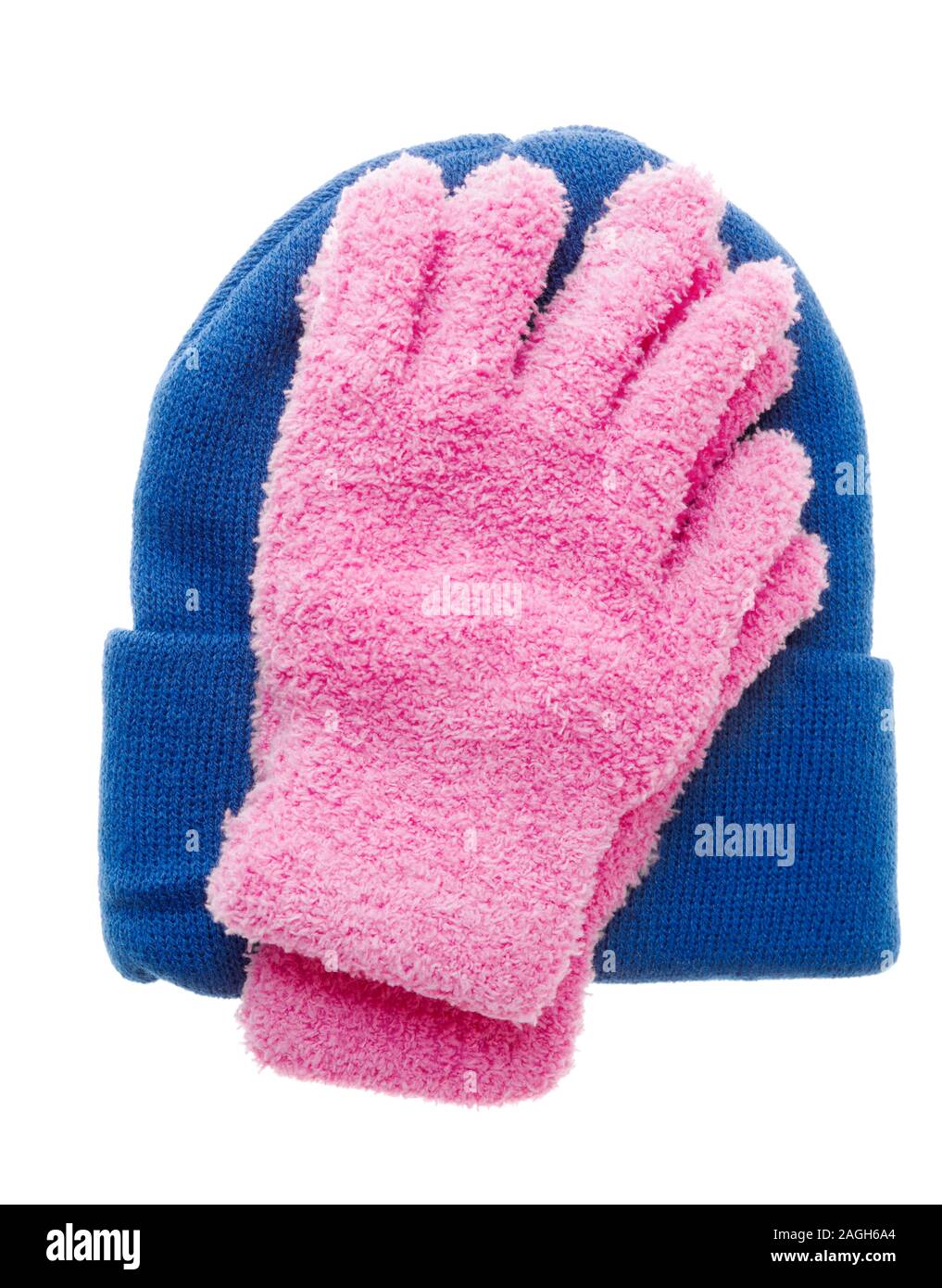 Paar handschuhe Rosa und Blau stocking Cap auf weißem Hintergrund Stockfoto
