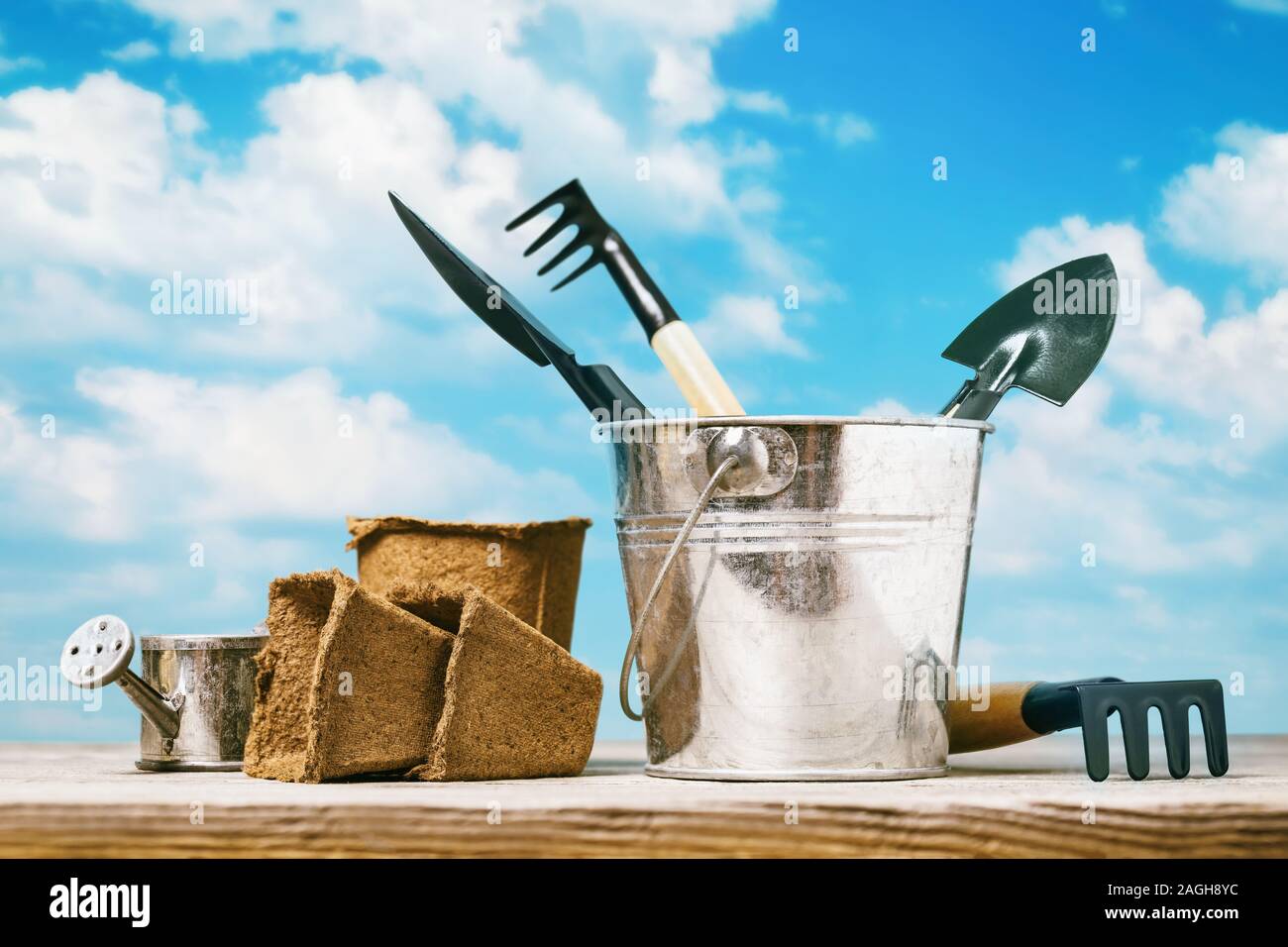 Verschiedene Tools für die Arbeit im Garten auf einem holztisch vor einem blauen Himmel mit Wolken Stockfoto