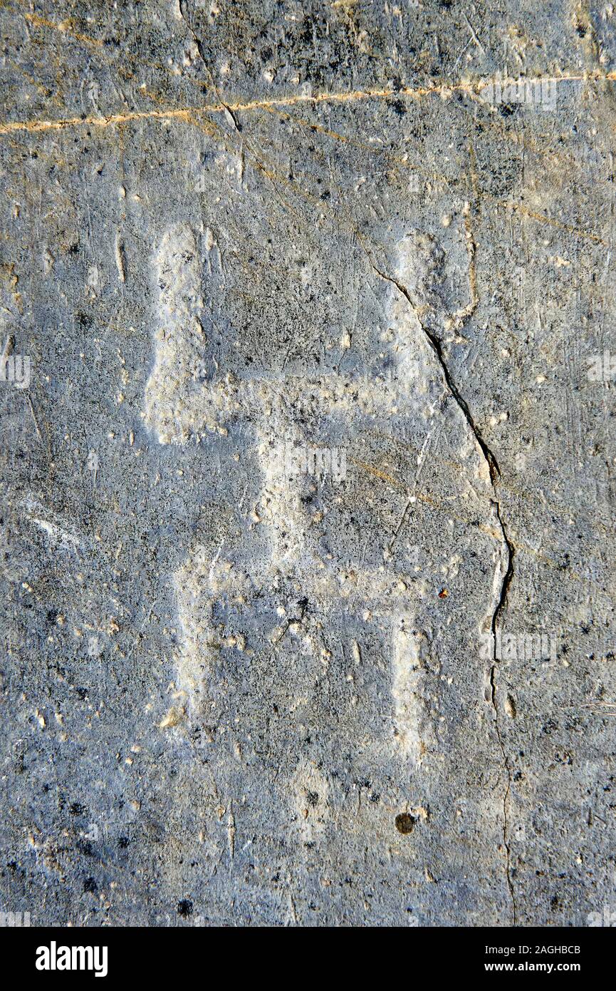 Petroglyph, Rock, Carving, von, was ist bekannt als ein betender Mann geschnitzt von der Camunni Menschen in der eisenzeit zwischen 1000-1600 v. Chr., Rock keine 1, Riserva Natu Stockfoto