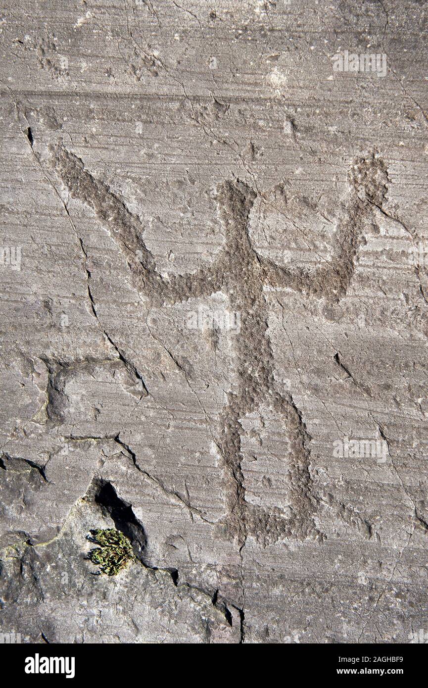 Petroglyph, Rock, Carving, der schematischen Krieger einen Schild und ein Schwert. Von den alten Camuni Menschen in der eisenzeit zwischen 1000-1600 B geschnitzte Stockfoto