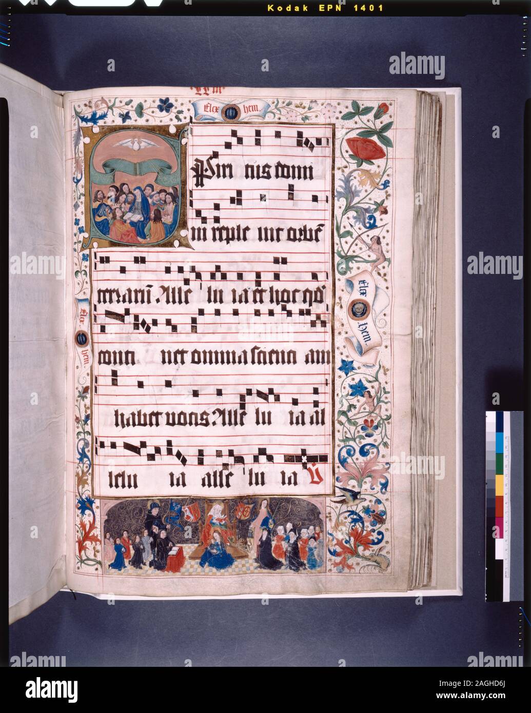 In de Ricci, Seymour, Volkszählung Handschriften des Mittelalters und der Renaissance in den Vereinigten Staaten und Kanada aufgeführt. New York. New York: H.W. Wilson, 1935; und Ergänzen, New York, N.Y.: Bibliographische Gesellschaft von Amerika, 1962. Ownership: Kloster der Augustiner Mönche in Haarlem zugeschrieben. 1883 durch J.J. GEGEBEN Astor. De Ricci, 1329. Wustefeld Artikel. Diagramm von Dr. G.B. Guest. Bibliothek Dossier. Sechs Zeilen Text und sechs Linien der Musik pro Seite, in roten und braunen Bleistift ausgeschlossen. Pergament 8 große historisierte Initialen; Miniaturen; Grenzen zeigen Tiere, Menschen etc. Rot, Blau und Schwarz Initialen, Rub Stockfoto