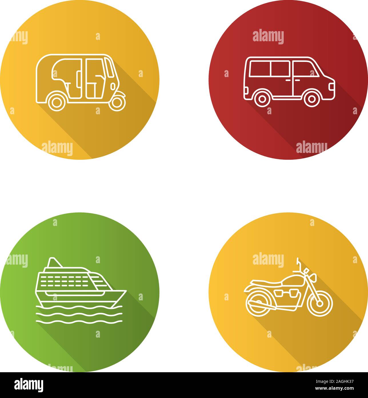 Öffentliche Verkehrsmittel Flachbild lineare lange Schatten Symbole gesetzt. Verkehrsträger. Auto-rikscha, Minivan, Kreuzfahrtschiff, Motorrad. Vektor Kontur Abbildung Stock Vektor