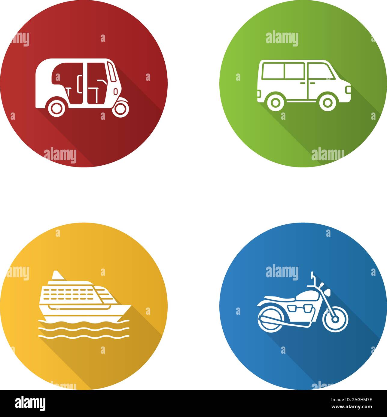 Öffentliche Verkehrsmittel flache Bauweise lange Schatten Glyphe Symbole gesetzt. Verkehrsträger. Auto-rikscha, Minivan, Kreuzfahrtschiff, Motorrad. Vektor silhouette illust Stock Vektor