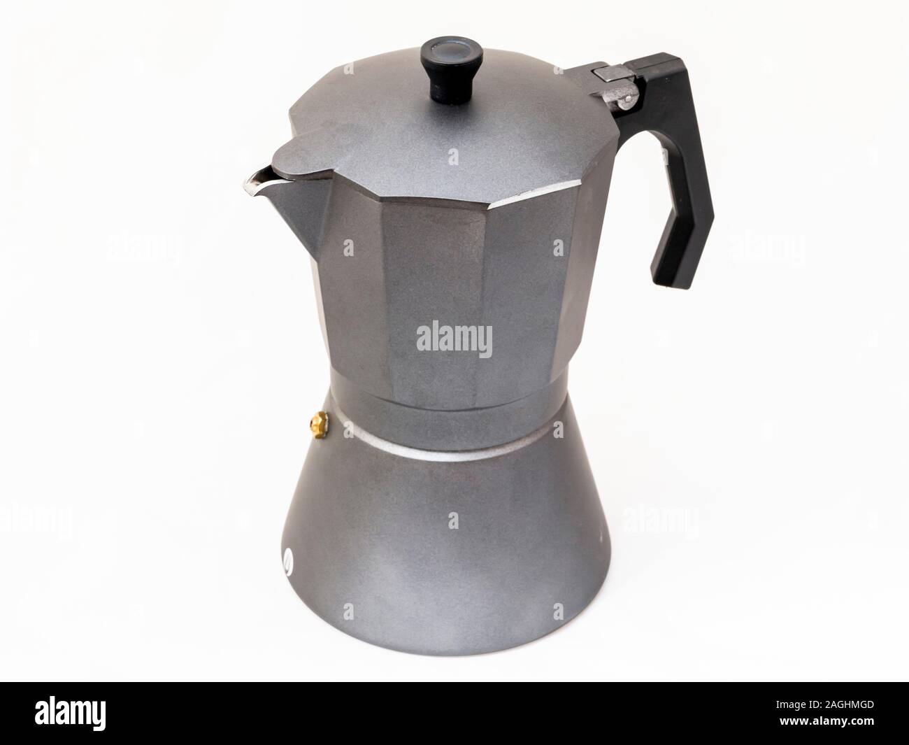 Echten grau klassische italienische Kaffeemaschine auf weißem Hintergrund Stockfoto