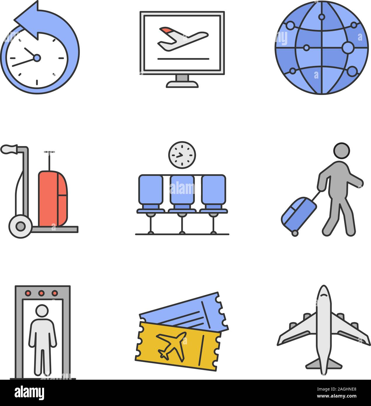 Airport Service color Symbole gesetzt. Neu terminieren, Buchung, Route, Gepäckwagen, Wartesaal, Beifahrer, Metalldetektor, Tickets, Flugzeug. Isoliert Stock Vektor