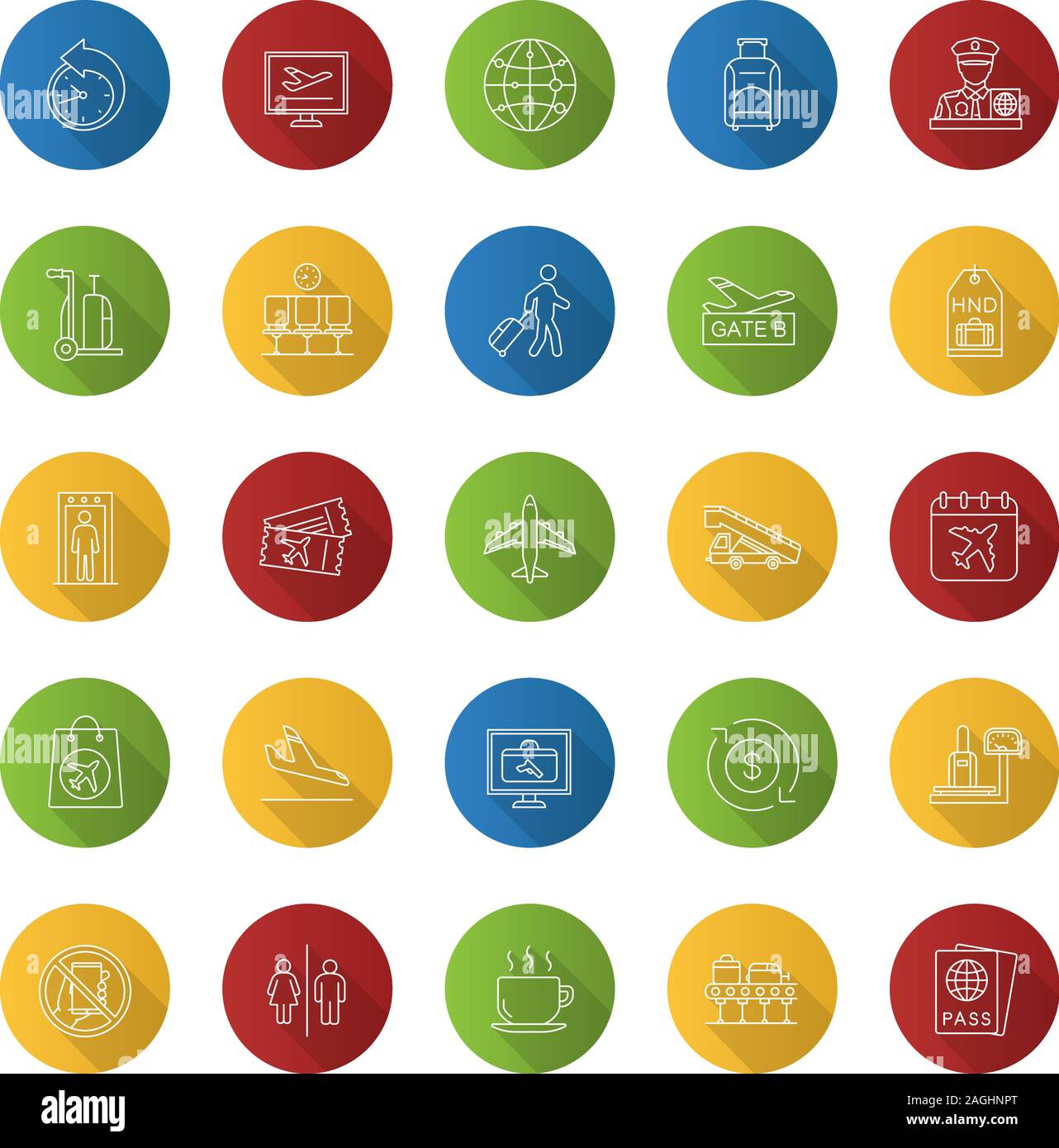 Airport Service flach linear lange Schatten Symbole gesetzt. Passkontrolle, Gepäck, Tickets, Flüge, Management. Vektor Kontur Abbildung Stock Vektor